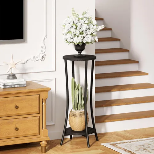 Miniatura 2 de IBUYKE Soporte para plantas de 30 pulgadas de alto para interiores, soporte de esquina de madera de 2 niveles, estante redondo moderno para plantas