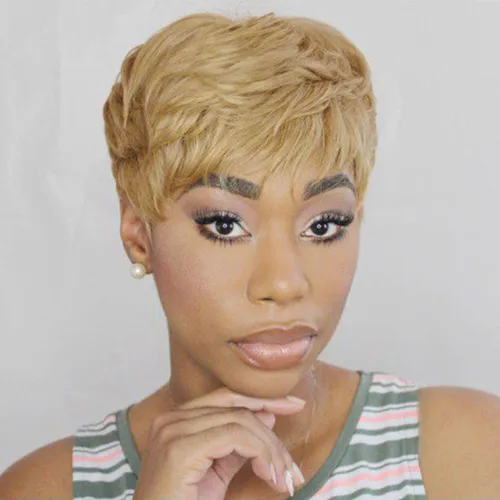 Miniatura 2 de Pelucas Honey Blonde sin pegamento para usar y quitar, pelucas de cabello humano cortas con corte Pixie para mujeres, peluca de cabello humano corta