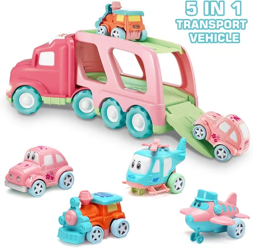 Miniatura 7 de Juego de juguetes de transporte (5 en 1) con luces y sonidos, juguete rosa para niñas pequeñas, camión de transporte de doble capa alimentado por