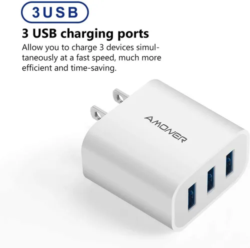 Miniatura 3 de Cargador de pared USB, Amoner Pack de 2 de 15W con 3 puertos USB, bloque de carga en forma de cubo para iPhone 14/13/12/11/X/XR/X/8/7/6, Galaxy