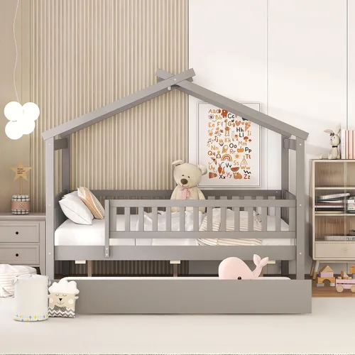 Miniatura 2 de Cama de casa con nido y valla, camas de tamaño matrimonial estilo Montessori con barandillas, marco de cama de madera para niños, cama de plataforma