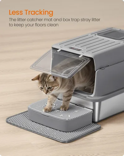 Miniatura 7 de Feandrea Caja de arena para gatos de acero inoxidable con tapa abatible, alfombrilla y caja, 2 puertas, cuchara, para gatos de hasta 33 libras, gris