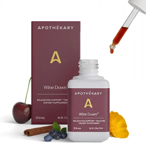 Apothékary Wine Down, apoyo natural para dormir y relajarse, gotas líquidas herbales inspiradas en vino tinto sin alcohol, contiene verbena azul,