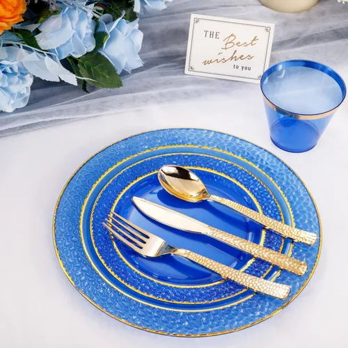 Miniatura 5 de Nervure 150 platos de plástico azul transparente, platos de fiesta dorados, juego de vajilla azul y dorado incluye: 50 platos desechables, 25 tazas