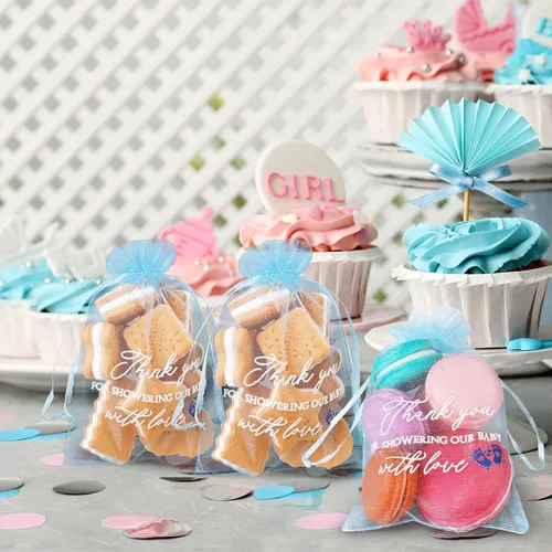 Miniatura 3 de Jspupifip 100 bolsas de regalo de agradecimiento para bebé, bolsas azules de 4 x 6 pulgadas, organza transparente, a granel para invitados