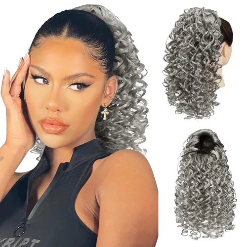 Miniatura 26 de PEACOCO Extensión de cola de caballo rizada con cordón para mujeres negras - Cola de caballo de 6 pulgadas con clip, postizo sintético de afro corto