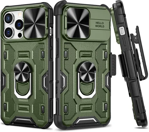 Miniatura 18 de VEGO Funda para iPhone 13 y iPhone 14 con soporte de clip para cinturón, cubierta deslizante para cámara y soporte magnético giratorio de 360°