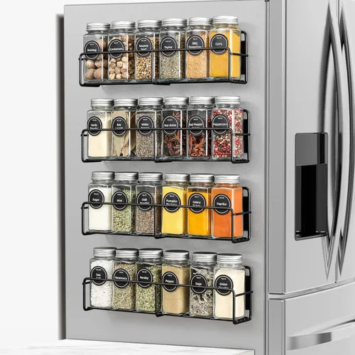 VITEVER Estante Magnético para Especias, Juego de 4, 24 Frascos Cuadrados de Vidrio con Tapas, Etiquetas Preimpresas para Búsqueda Rápida, Embudo,