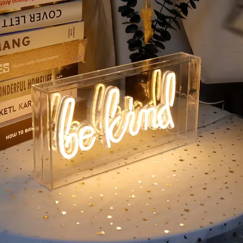 Miniatura 3 de Letrero LED de neón con texto en inglés "Be Kind", caja de acrílico blanco cálido, luz de mesa y pared, alimentada por USB, arte decorativo de neón