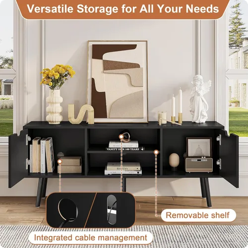 Miniatura 3 de ALINE FURNITURE - Soporte de TV negro para televisores de 50, 55, 60+ pulgadas - Consola multimedia con 2 gabinetes y estantes abiertos, patas