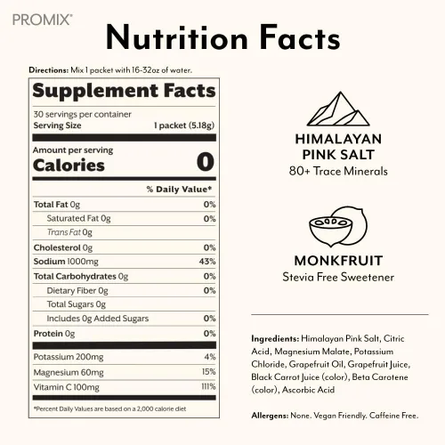 Miniatura 2 de ProMix Nutrition Paquetes de hidratación en polvo de electrolitos Sal rosa del Himalaya, magnesio, potasio, vitamina C Sin azúcar, 30