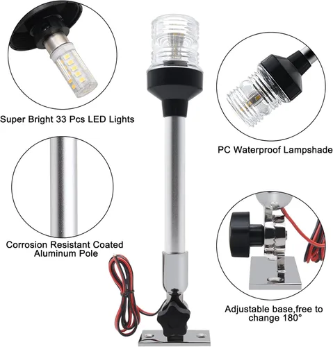 Miniatura 4 de Geloo Luces de navegación marinas de 12 pulgadas, luz de popa de barco impermeable IP67, luces de anclaje, luces marinas LED blancas todo alrededor