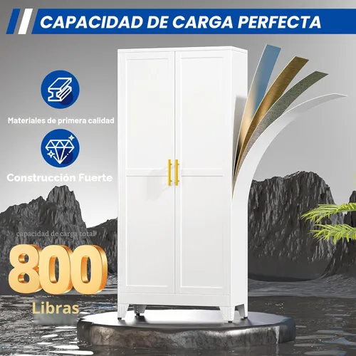 Miniatura 7 de GAIOUS Armario de almacenamiento de metal de 71 pulgadas de alto con 2 puertas y 4 estantes ajustables, armario de despensa de cocina, armario Blanco
