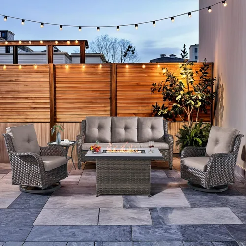 Miniatura 81 de HUMMUH Sillas Mecedoras Giratorias de Mimbre para Patio Exterior con Respaldo Alto, Sillas Deslizantes de Ratán PE, Juego de Muebles de Patio de 4