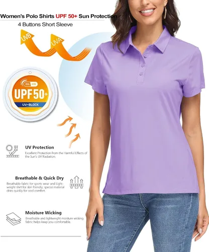 Miniatura 3 de MAGCOMSEN Polo para mujer UPF 50+, protección solar, 4 botones, casual, trabajo, secado rápido, manga corta, cuello de golf