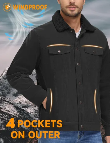 Miniatura 5 de MAGNIVIT Chaqueta de pana con forro polar para hombre, estilo cargo, de invierno, con botones de presión, solapa, forro sherpa, estilo camionero