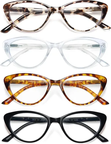 EYEURL Paquete de 4 lentes de lectura para mujer, ojo de gato, bloqueo de luz azul, lectura de moda con bisagra de resorte, anteojos de lectura 4