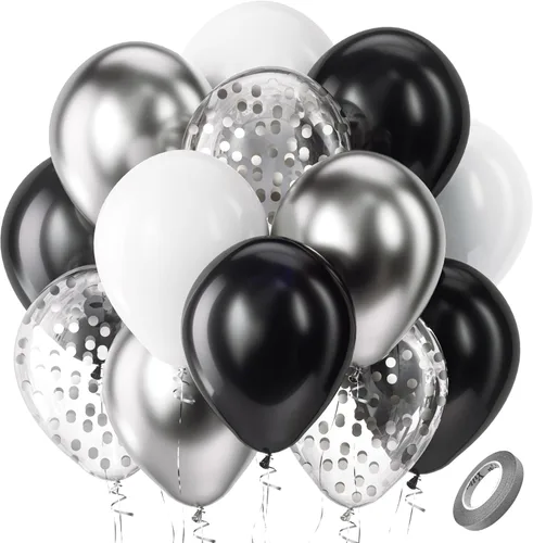 Bezente Globos de látex de confeti negro y plateado, 60 globos de 12 pulgadas, cromados metálicos y confeti de 12 pulgadas, para Año Nuevo,