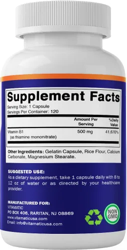 Miniatura 8 de Vitamatic Vitamina B1 (tiamina) 500 mg - Paquete de 2 (240 cápsulas en total)
