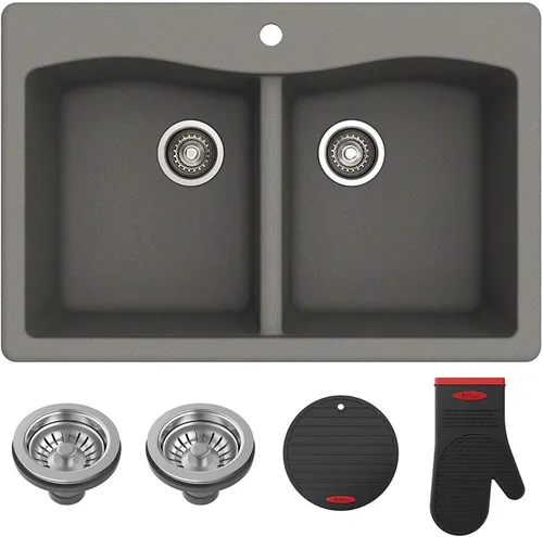 Kraus Forteza - Fregadero de cocina de doble seno 50/50 de granito de instalación empotrada/sobre encimera, 33 pulgadas, color gris (KGD-52GREY)