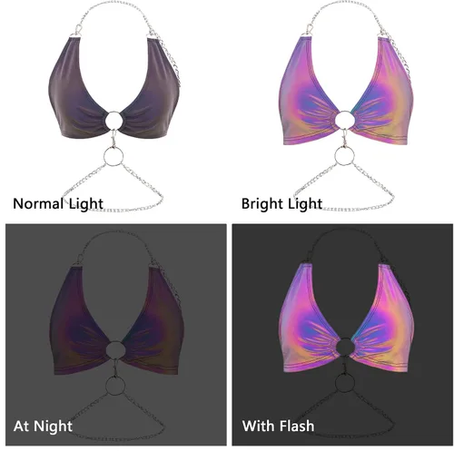 Miniatura 5 de Testudineus Camiseta sin mangas reflectante para mujer, diseño metálico brillante con cremallera en la espalda, traje de festival y rave