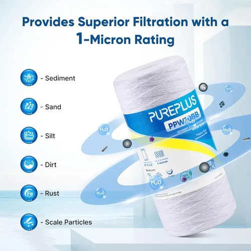 Miniatura 2 de PUREPLUS 1 Micron 10 x 4.5 Whole House String Wound Sediment Filter for Well Water, Replacement Cartridge for 84637, WPX5BB97P, PC10, CW5-BBS