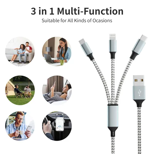 Miniatura 7 de Cable de carga múltiple (paquete de 2 de 4 pies), cable de carga múltiple de nailon trenzado para múltiples dispositivos, cable de carga 3 en 1