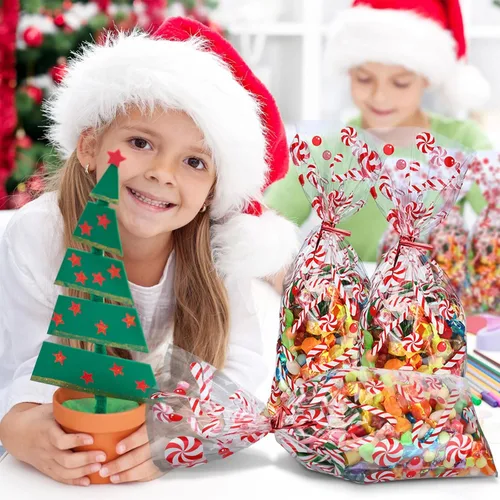 Miniatura 7 de Boao 100 bolsas de celofán, bonitas bolsas de golosinas transparentes con 150 lazos giratorios para suministros de fiesta (estilo navideño 11)