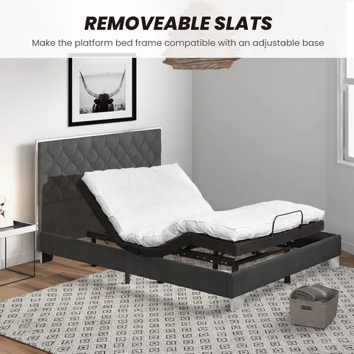 Miniatura 7 de Giantex Base de cama tapizada, plataforma moderna con cabecera de terciopelo capitoné con botones, marco de cama tamaño matrimonial, base de colchón