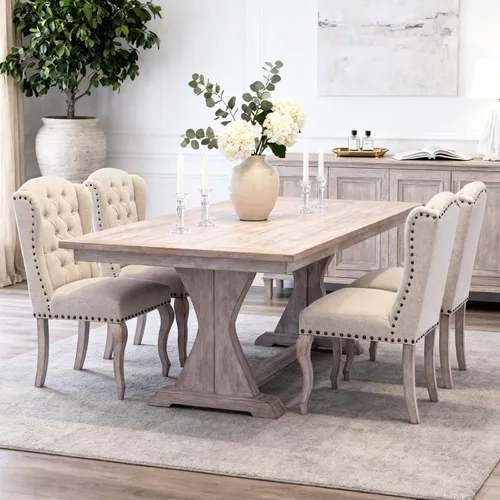Miniatura 8 de chairus Parsons - Juego de 2 sillas de comedor tapizadas estilo rústico francés con ribete de cabeza de clavo y patas de madera curvas, sillas