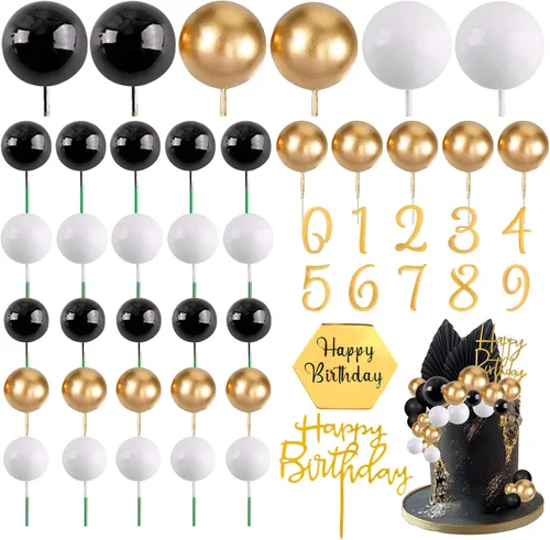 Miniatura 9 de MEMOVAN 26 piezas de decoración de pastel de cumpleaños para hombre, decoración de pastel bohemio negro, bolas negras plateadas, hojas de palma