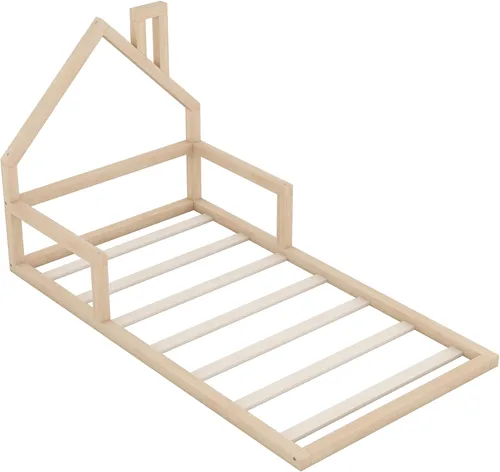 Miniatura 9 de Harper & Bright Designs Cama de piso de casa tamaño individual para niños con cabecero, listones de madera, no necesita somier, natural Natural Con