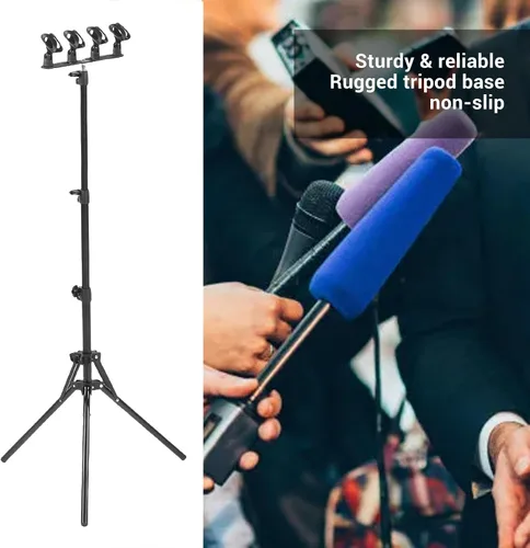 Miniatura 4 de LICAEVEY Soporte de suelo para micrófono con capacidad para 4 micrófonos de aleación de aluminio ajustable trípode plegable para grabación