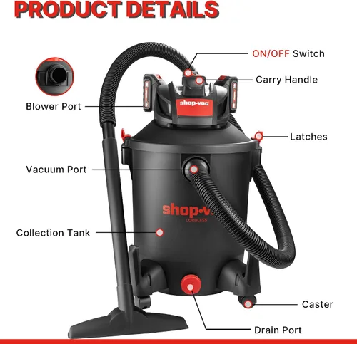 Miniatura 4 de Shop-Vac 5430031 Aspiradora inalámbrica húmeda/seca de 10 galones y 20 V con manguera de 1.5 pulgadas x 7 pies, incluye (2) varitas de extensión