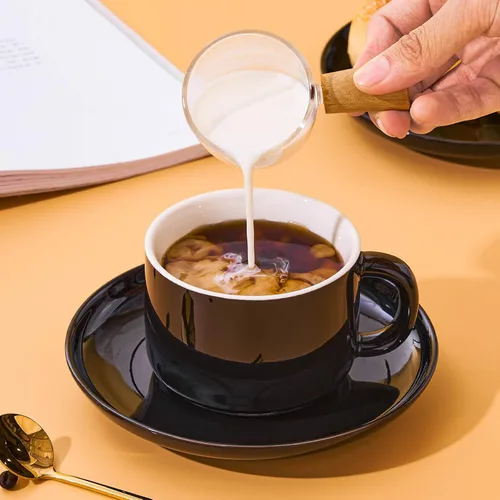 Miniatura 7 de Juego de 6 tazas de capuchino de 8 onzas, tazas de té con platillos y cucharas, tazas de té de cerámica negra, tazas de café para té, capuchino