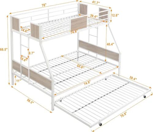 Miniatura 8 de Literas triples de tamaño individual sobre matrimonial para niños, literas triples de metal resistente con escaleras laterales, marco de metal