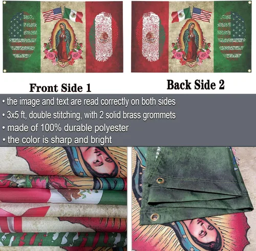 Miniatura 3 de Bandera de México – Bandera de la amistad de Estados Unidos de doble cara con Virgen María – 3 x 5 para exteriores patriótica mexicana americana