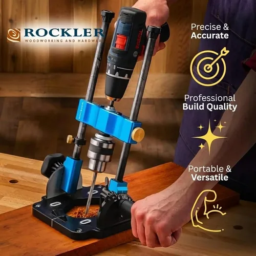 Miniatura 3 de Rockler Guía de taladro Adaptador de prensa de taladro portátil para taladro manual - Ángulo de 0 a 60 con transportador y llave de portabrocas