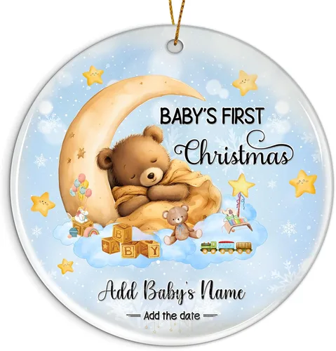 Adorno personalizado para la primera Navidad del bebé 2025 con nombre personalizado, lindo oso en la luna, adornos redondos, regalo de primer