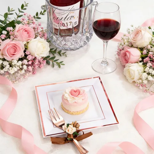 Miniatura 6 de WDF 86 platos de postre de oro rosa de 6 pulgadas con 86 tenedores desechables de 5 pulgadas, elegantes platos de plástico cuadrados para el día