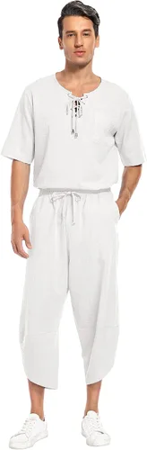 Miniatura 2 de Babioboa Conjunto de 2 piezas de lino para hombre, camisa hippie de manga corta y pantalones capri harén holgados para playa, pantalones de yoga