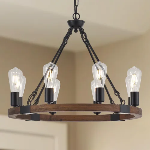 8 Luces 23.6'' Lámpara de Araña de Rueda de Carreta de Madera Estilo Granja, Lámpara Colgante de Techo de Metal Negro Industrial Vintage Rústica