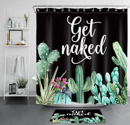 Miniatura 28 de LB Get Naked - Cortina de ducha de cactus con citas divertidas, plantas tropicales, suculentas, verdes, acuarela, cactus y flores, cortinas de ducha