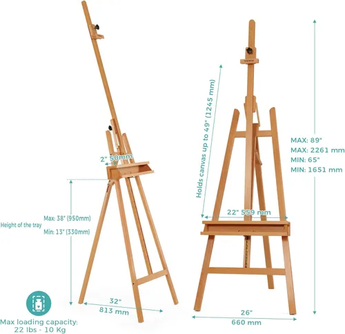 Miniatura 2 de VISWIN Caballete inclinable con marco en A para pintar y exhibir, ajustable de 65 a 89 pulgadas de alto, soporta lienzo de hasta 49 pulgadas, Natural
