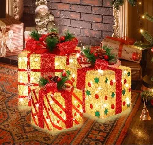 Miniatura 2 de LAMPHOME Cajas iluminadas de Navidad, juego de 3 70 luces LED para decoración al aire libre, cajas de Navidad iluminadas, decoración de regalo