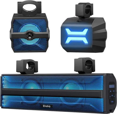Ehaho Barra de sonido estéreo UTV de 2.1 canales (subwoofer) y altavoces, barra de sonido Bluetooth ATV de 17 pulgadas con luces RGB, altavoces