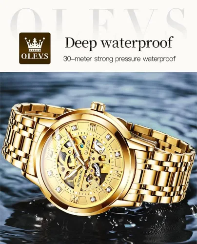 Miniatura 6 de OLEVS Reloj mecánico automático de esqueleto dorado para hombre con cuerda automática vestido de lujo brillante acero inoxidable resistente al agua