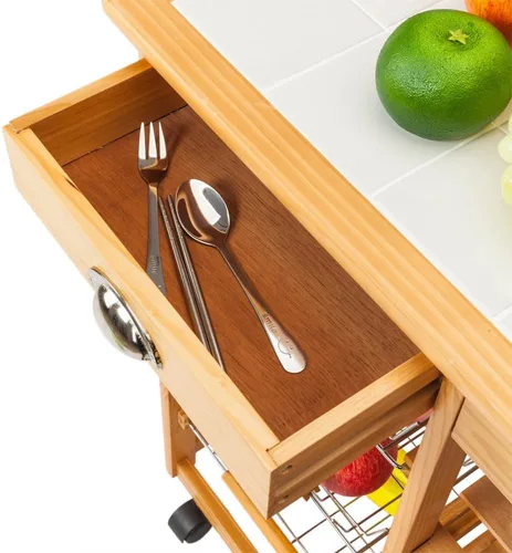 Miniatura 4 de Carrito de cocina de madera rodante de 3 niveles, carrito utilitario de almacenamiento sobre ruedas con cajones Shleves y estante para vino