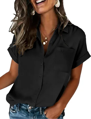 Zeagoo Camisa de manga corta con botones para mujer, cuello en V, elegante, casual, para negocios, trabajo, con bolsillo, S-XXL