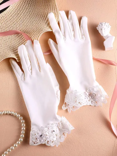 Miniatura 4 de Sumind Guantes cortos de satén hasta la muñeca, guantes de vestir para mujer, ópera, boda, banquete, vestido para fiesta y baile (beige, talla M)